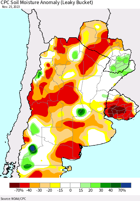 Southern South America CPC Soil Moisture Anomaly (Leaky Bucket) Thematic Map For 11/21/2023 - 11/25/2023