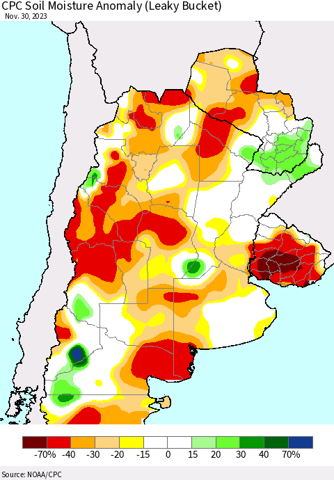 Southern South America CPC Soil Moisture Anomaly (Leaky Bucket) Thematic Map For 11/26/2023 - 11/30/2023
