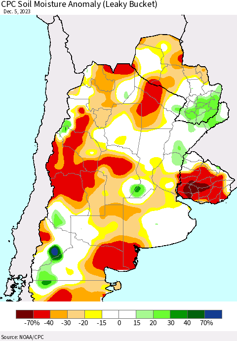 Southern South America CPC Soil Moisture Anomaly (Leaky Bucket) Thematic Map For 12/1/2023 - 12/5/2023