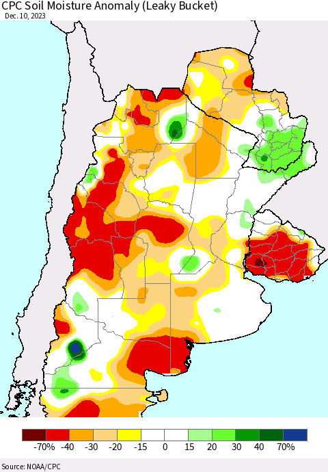 Southern South America CPC Soil Moisture Anomaly (Leaky Bucket) Thematic Map For 12/6/2023 - 12/10/2023