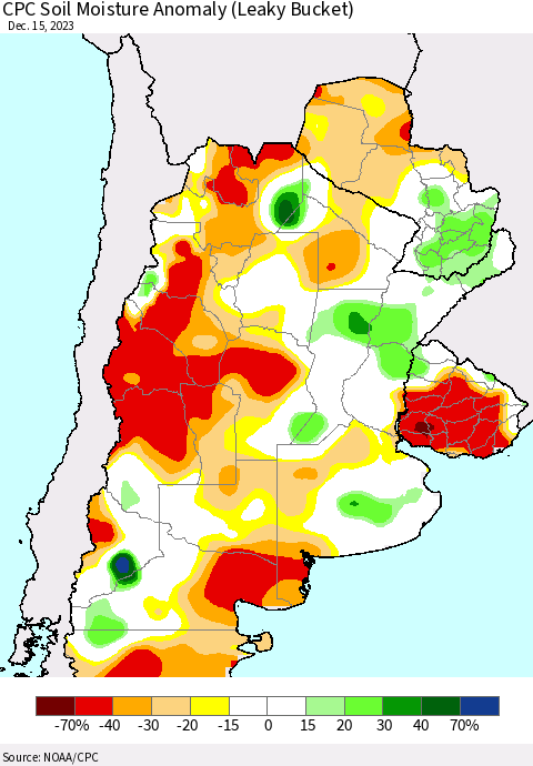 Southern South America CPC Soil Moisture Anomaly (Leaky Bucket) Thematic Map For 12/11/2023 - 12/15/2023