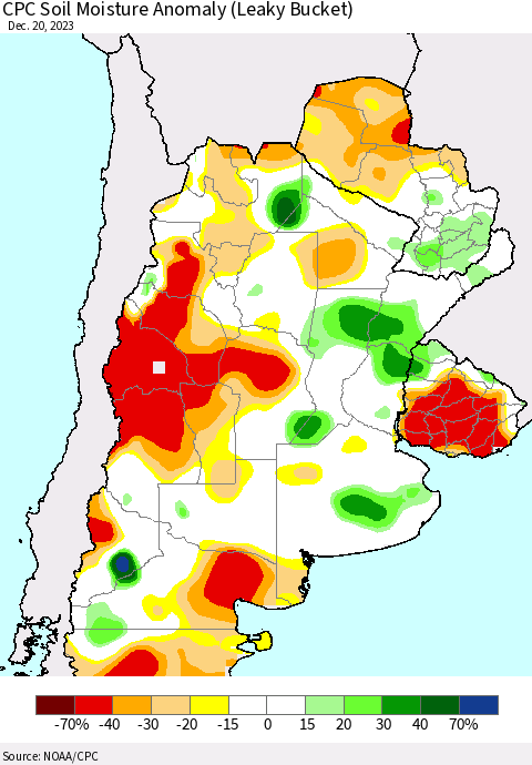 Southern South America CPC Soil Moisture Anomaly (Leaky Bucket) Thematic Map For 12/16/2023 - 12/20/2023