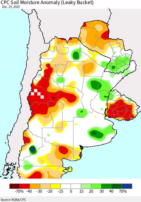 Southern South America CPC Soil Moisture Anomaly (Leaky Bucket) Thematic Map For 12/21/2023 - 12/25/2023