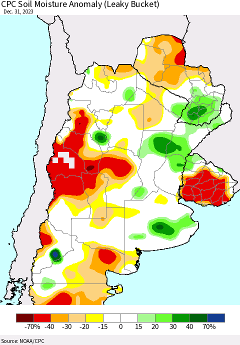 Southern South America CPC Soil Moisture Anomaly (Leaky Bucket) Thematic Map For 12/26/2023 - 12/31/2023