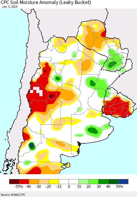 Southern South America CPC Soil Moisture Anomaly (Leaky Bucket) Thematic Map For 1/1/2024 - 1/5/2024