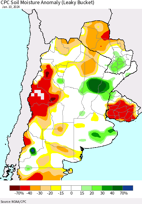 Southern South America CPC Soil Moisture Anomaly (Leaky Bucket) Thematic Map For 1/6/2024 - 1/10/2024