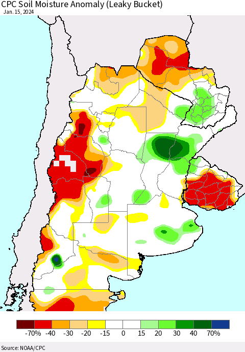 Southern South America CPC Soil Moisture Anomaly (Leaky Bucket) Thematic Map For 1/11/2024 - 1/15/2024