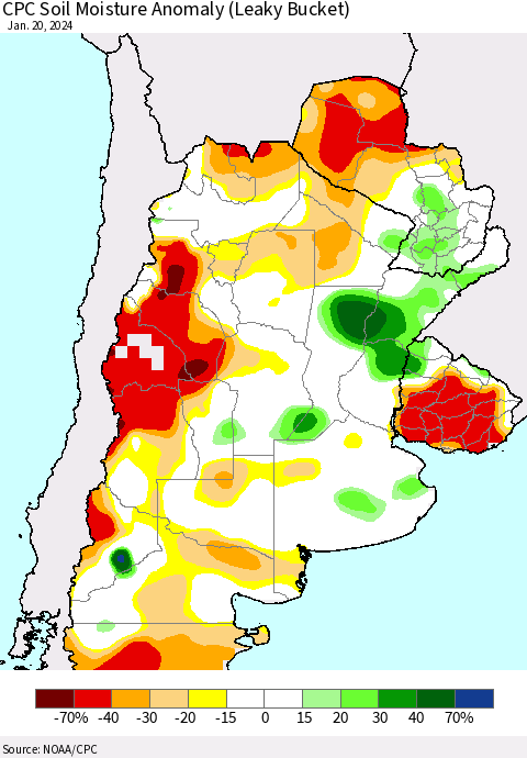 Southern South America CPC Soil Moisture Anomaly (Leaky Bucket) Thematic Map For 1/16/2024 - 1/20/2024