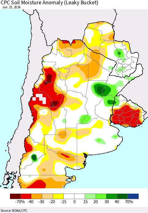 Southern South America CPC Soil Moisture Anomaly (Leaky Bucket) Thematic Map For 1/21/2024 - 1/25/2024