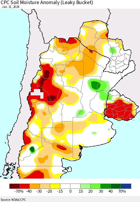 Southern South America CPC Soil Moisture Anomaly (Leaky Bucket) Thematic Map For 1/26/2024 - 1/31/2024