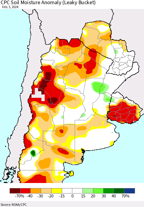 Southern South America CPC Soil Moisture Anomaly (Leaky Bucket) Thematic Map For 2/1/2024 - 2/5/2024