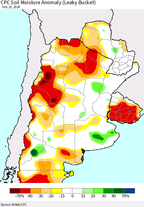 Southern South America CPC Soil Moisture Anomaly (Leaky Bucket) Thematic Map For 2/6/2024 - 2/10/2024