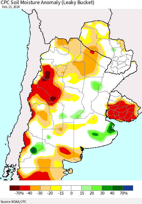 Southern South America CPC Soil Moisture Anomaly (Leaky Bucket) Thematic Map For 2/11/2024 - 2/15/2024
