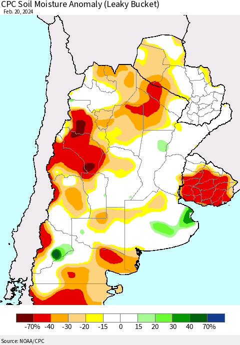 Southern South America CPC Soil Moisture Anomaly (Leaky Bucket) Thematic Map For 2/16/2024 - 2/20/2024