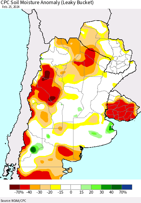 Southern South America CPC Soil Moisture Anomaly (Leaky Bucket) Thematic Map For 2/21/2024 - 2/25/2024