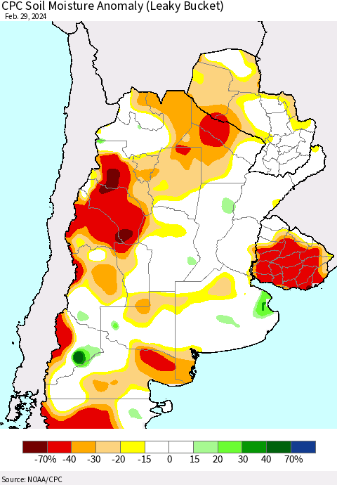 Southern South America CPC Soil Moisture Anomaly (Leaky Bucket) Thematic Map For 2/26/2024 - 2/29/2024