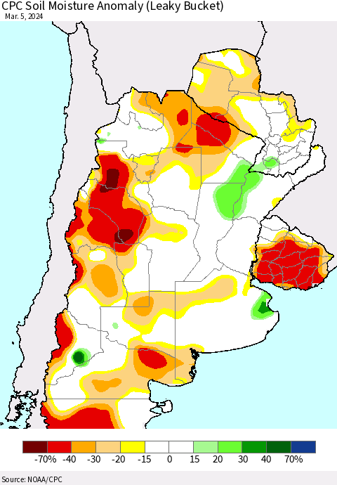 Southern South America CPC Soil Moisture Anomaly (Leaky Bucket) Thematic Map For 3/1/2024 - 3/5/2024