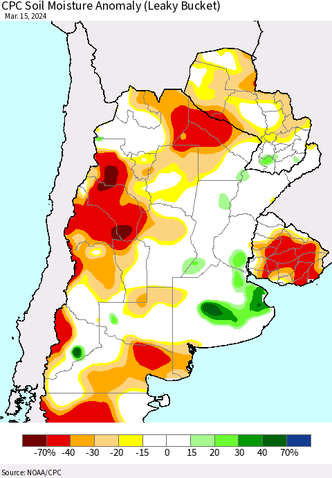 Southern South America CPC Soil Moisture Anomaly (Leaky Bucket) Thematic Map For 3/11/2024 - 3/15/2024
