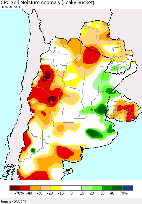 Southern South America CPC Soil Moisture Anomaly (Leaky Bucket) Thematic Map For 3/16/2024 - 3/20/2024