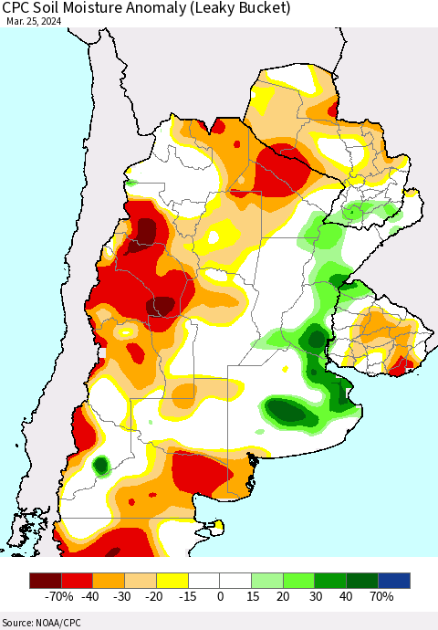 Southern South America CPC Soil Moisture Anomaly (Leaky Bucket) Thematic Map For 3/21/2024 - 3/25/2024