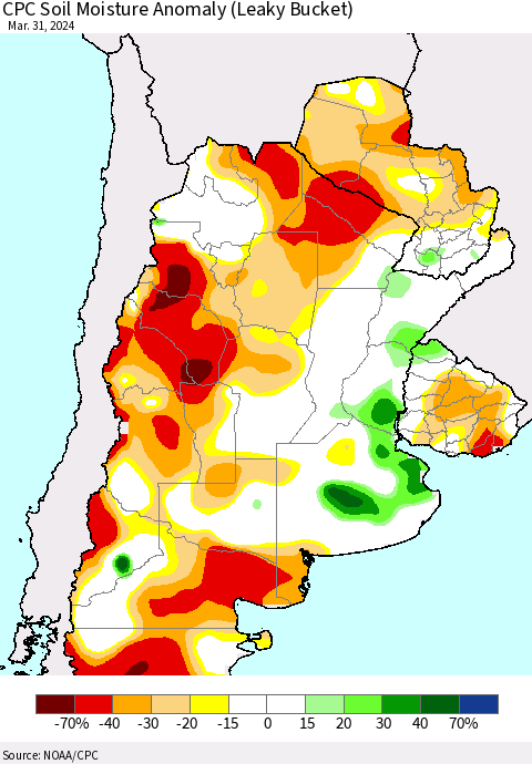 Southern South America CPC Soil Moisture Anomaly (Leaky Bucket) Thematic Map For 3/26/2024 - 3/31/2024