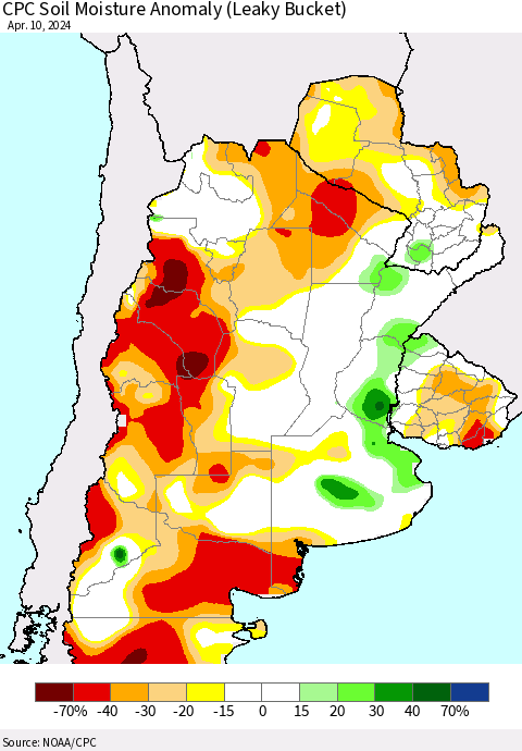 Southern South America CPC Soil Moisture Anomaly (Leaky Bucket) Thematic Map For 4/6/2024 - 4/10/2024