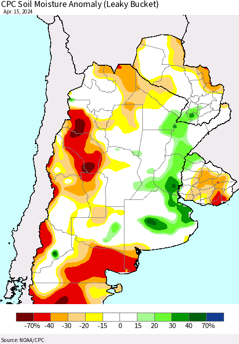 Southern South America CPC Soil Moisture Anomaly (Leaky Bucket) Thematic Map For 4/11/2024 - 4/15/2024