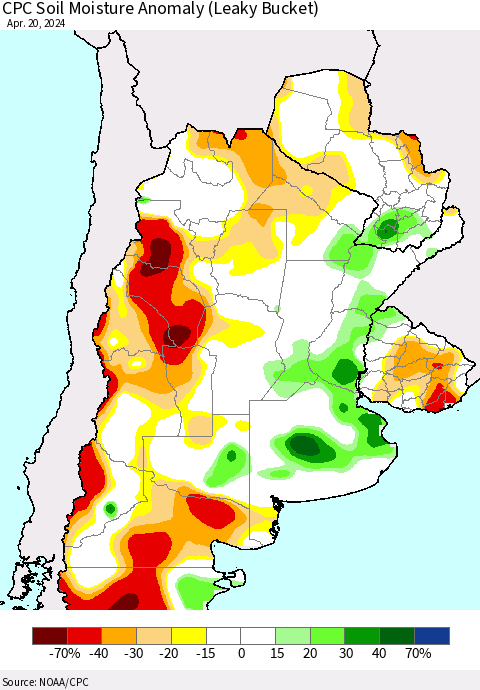 Southern South America CPC Soil Moisture Anomaly (Leaky Bucket) Thematic Map For 4/16/2024 - 4/20/2024
