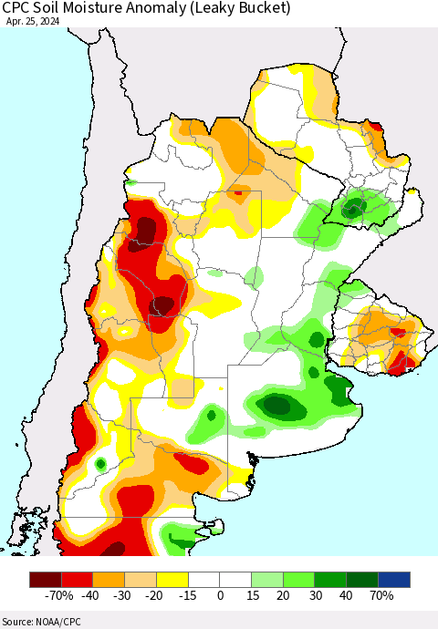 Southern South America CPC Soil Moisture Anomaly (Leaky Bucket) Thematic Map For 4/21/2024 - 4/25/2024