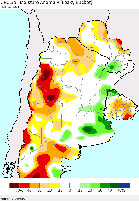 Southern South America CPC Soil Moisture Anomaly (Leaky Bucket) Thematic Map For 4/26/2024 - 4/30/2024