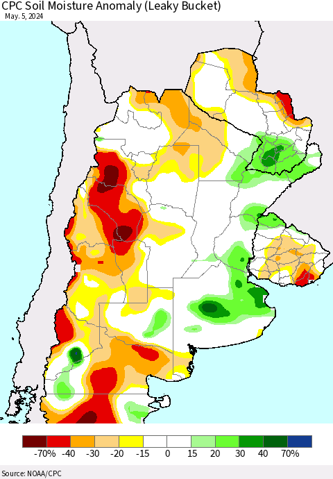 Southern South America CPC Soil Moisture Anomaly (Leaky Bucket) Thematic Map For 5/1/2024 - 5/5/2024