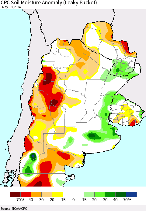 Southern South America CPC Soil Moisture Anomaly (Leaky Bucket) Thematic Map For 5/6/2024 - 5/10/2024