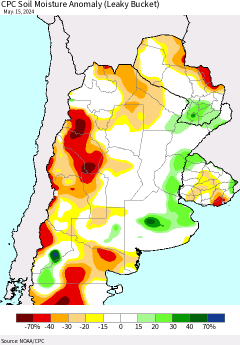 Southern South America CPC Soil Moisture Anomaly (Leaky Bucket) Thematic Map For 5/11/2024 - 5/15/2024