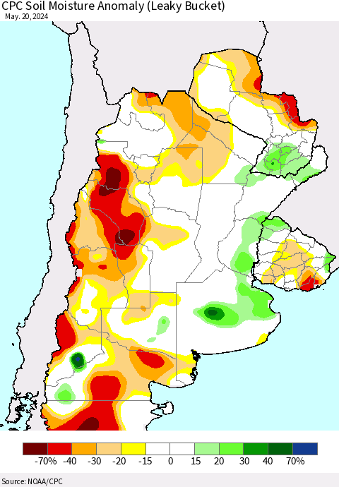 Southern South America CPC Soil Moisture Anomaly (Leaky Bucket) Thematic Map For 5/16/2024 - 5/20/2024