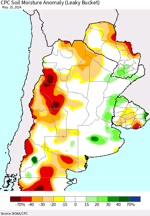 Southern South America CPC Soil Moisture Anomaly (Leaky Bucket) Thematic Map For 5/21/2024 - 5/25/2024