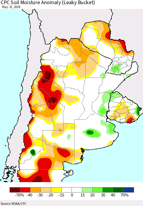 Southern South America CPC Soil Moisture Anomaly (Leaky Bucket) Thematic Map For 5/26/2024 - 5/31/2024