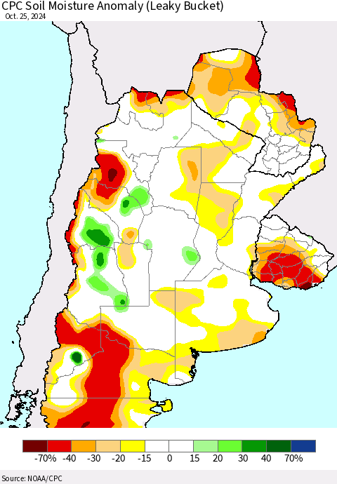 Southern South America CPC Soil Moisture Anomaly (Leaky Bucket) Thematic Map For 10/21/2024 - 10/25/2024