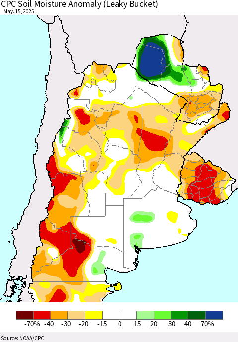 Southern South America CPC Soil Moisture Anomaly (Leaky Bucket) Thematic Map For 5/11/2025 - 5/15/2025