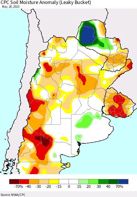 Southern South America CPC Soil Moisture Anomaly (Leaky Bucket) Thematic Map For 5/16/2025 - 5/20/2025