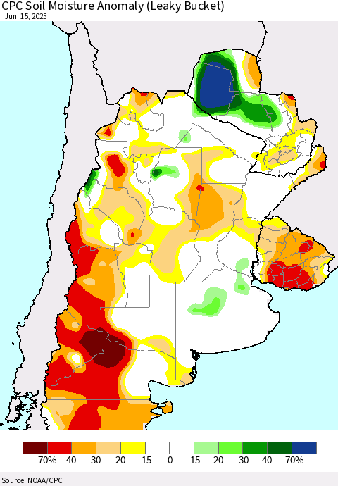 Southern South America CPC Soil Moisture Anomaly (Leaky Bucket) Thematic Map For 6/11/2025 - 6/15/2025