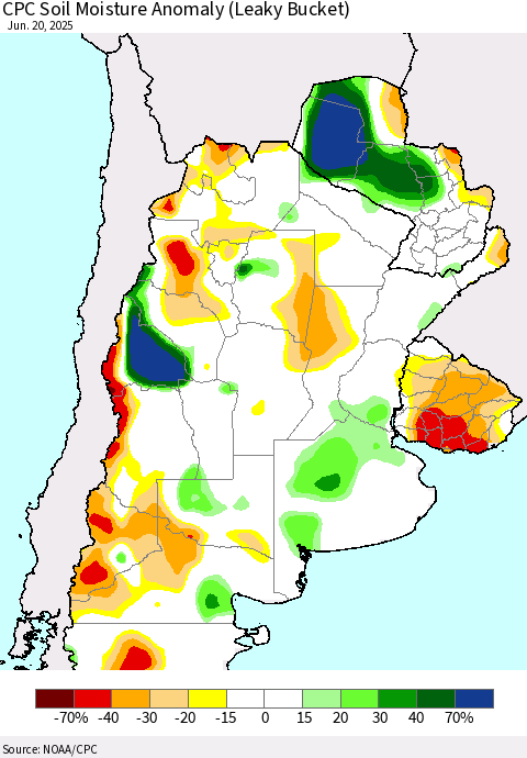 Southern South America CPC Soil Moisture Anomaly (Leaky Bucket) Thematic Map For 6/16/2025 - 6/20/2025