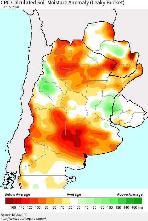 Southern South America CPC Soil Moisture Departure from Normal (Leaky Bucket) Thematic Map For 1/1/2020 - 1/5/2020
