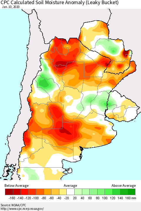 Southern South America CPC Soil Moisture Departure from Normal (Leaky Bucket) Thematic Map For 1/6/2020 - 1/10/2020