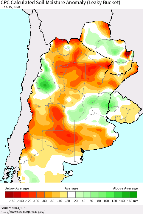Southern South America CPC Soil Moisture Departure from Normal (Leaky Bucket) Thematic Map For 1/11/2020 - 1/15/2020