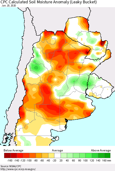 Southern South America CPC Soil Moisture Departure from Normal (Leaky Bucket) Thematic Map For 1/16/2020 - 1/20/2020
