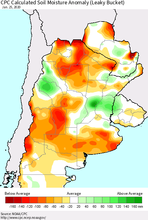 Southern South America CPC Soil Moisture Departure from Normal (Leaky Bucket) Thematic Map For 1/21/2020 - 1/25/2020