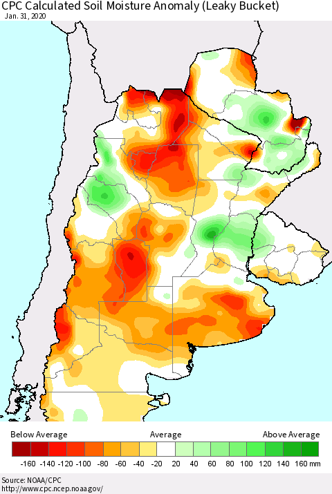 Southern South America CPC Soil Moisture Departure from Normal (Leaky Bucket) Thematic Map For 1/26/2020 - 1/31/2020