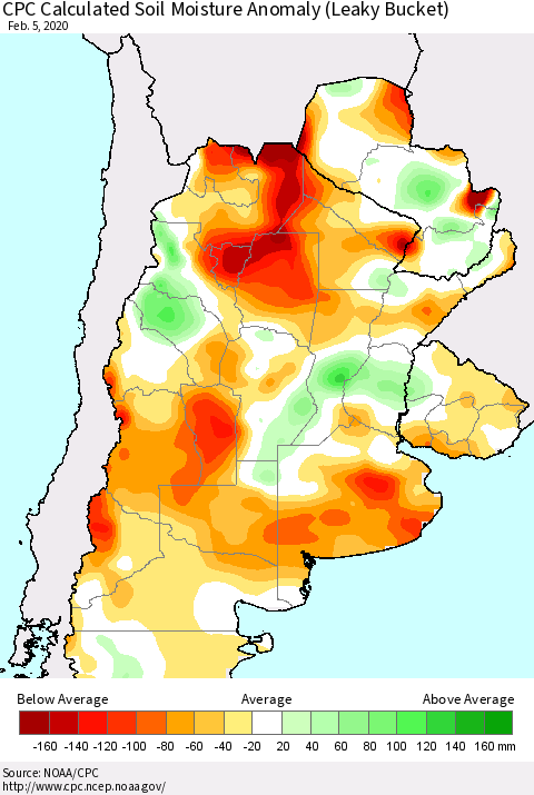 Southern South America CPC Soil Moisture Departure from Normal (Leaky Bucket) Thematic Map For 2/1/2020 - 2/5/2020