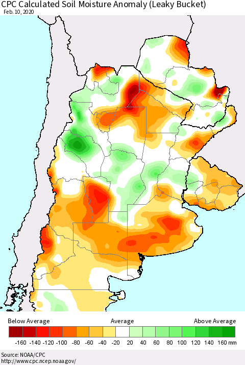 Southern South America CPC Soil Moisture Departure from Normal (Leaky Bucket) Thematic Map For 2/6/2020 - 2/10/2020