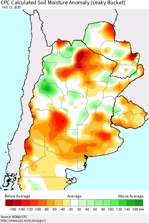 Southern South America CPC Soil Moisture Departure from Normal (Leaky Bucket) Thematic Map For 2/11/2020 - 2/15/2020
